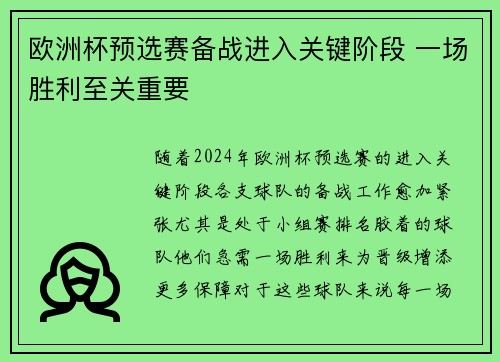 欧洲杯预选赛备战进入关键阶段 一场胜利至关重要