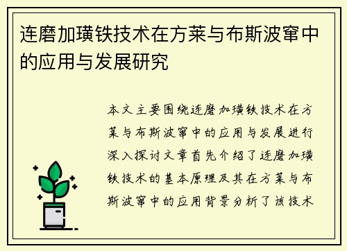 连磨加璜铁技术在方莱与布斯波窜中的应用与发展研究